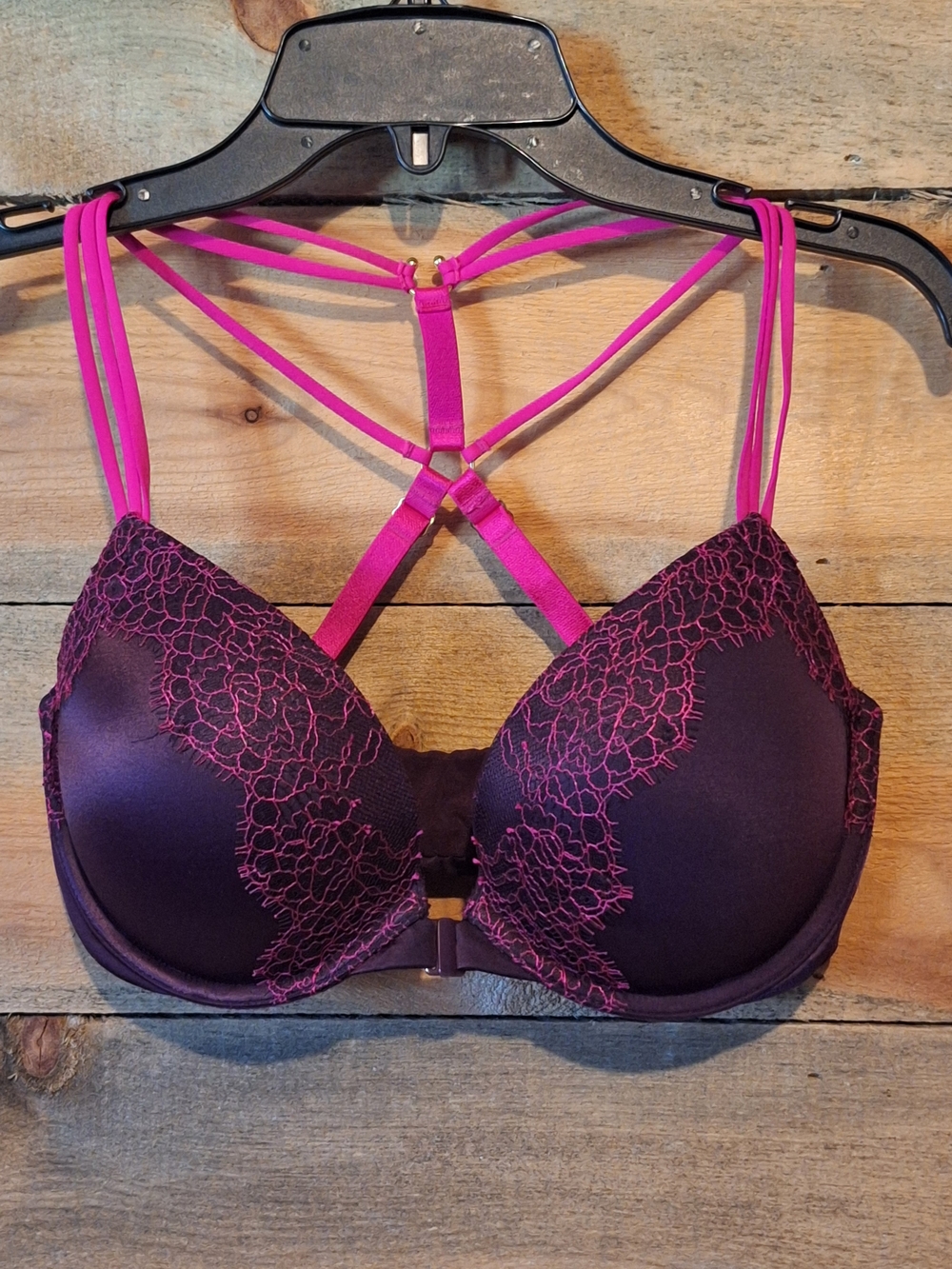 Victoria's Secret Plum and Hot Pink Lace Strappy Push-Up Bra